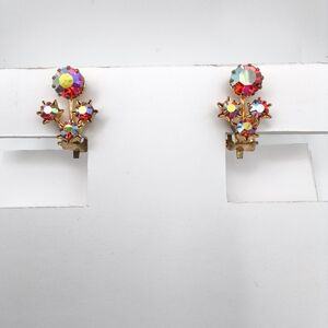 Vintage Austria Clip-on Gold tone and Multicolor Rhinestone Earrings